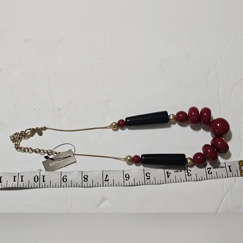 Chico's Maroon and Black Gold‎ Tone Ball Necklace New!
